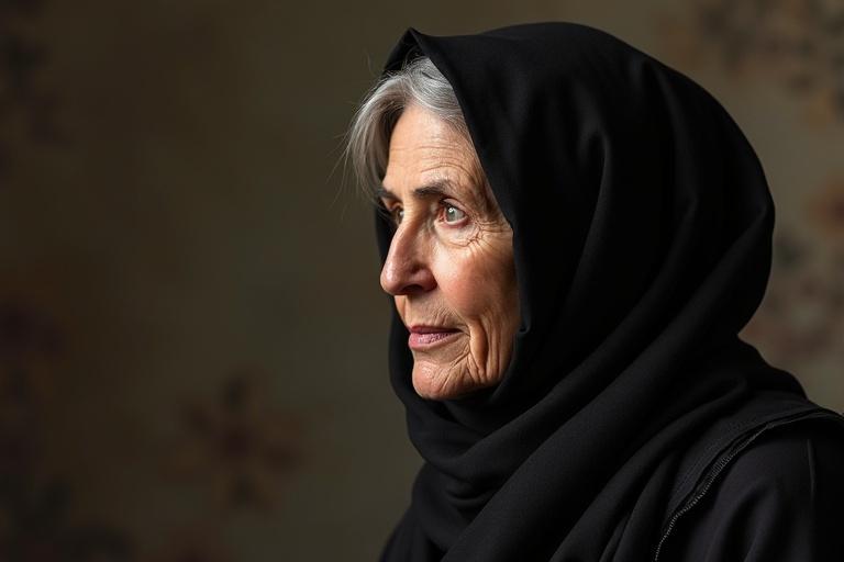 Profile of a devout woman wearing a headscarf. The woman has gray hair, and her expression is thoughtful. The background is softly blurred with earthy tones.