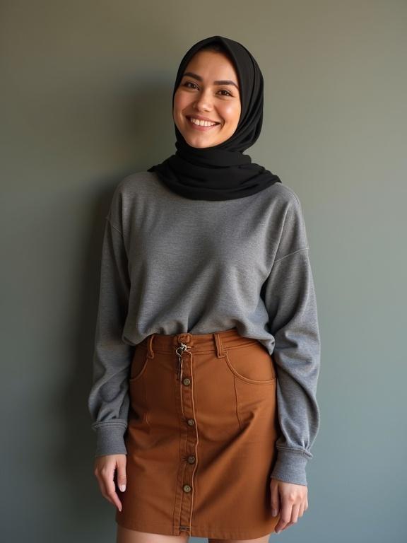 Portrait of a woman wearing a gray shirt and brown miniskirt. Woman has a hijab and is smiling confidently. Background is a neutral color.