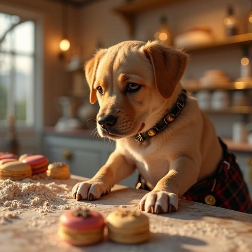 Punk-rock Labrador with tartan mini kilt in ornate bakery. Marble counters with éclairs. Soft golden light and whimsical mood. Overhead bird’s-eye view, puppy pawing macaron. Flour drifting mid-air.
