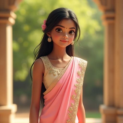 Hyper realistic image of a 19-year-old Indian girl in a baby pink saree and cream blouse with gold embroidery. Background features warm sunlight and blurred stone pillars.