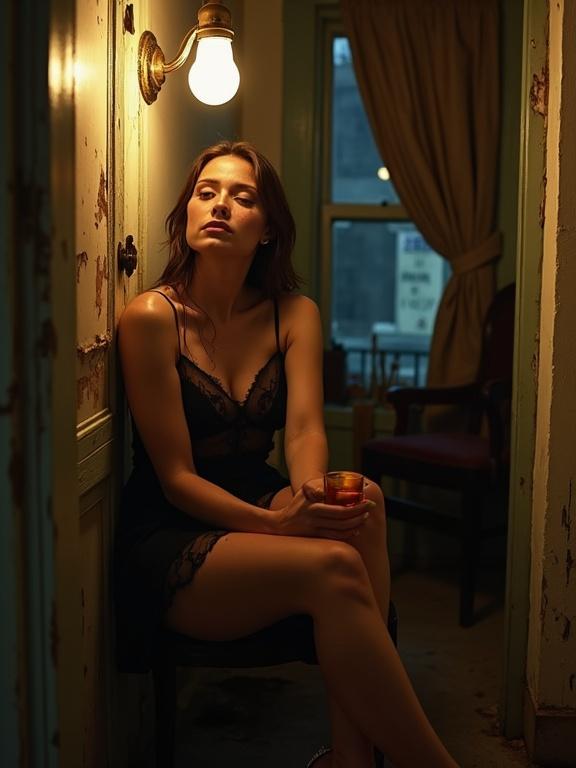 A young woman leans against a wooden doorframe in a dim apartment. She wears a loose black dress, one foot bare, the other in a cracked stiletto. Her skin glows under the warm light of a hanging bulb. The room has peeling walls and clutter. She traces a glass tumbler with her fingers, exuding allure and exhaustion. There are broken chairs and a rusted mirror nearby. Soft focus highlights her features in the golden glow.
