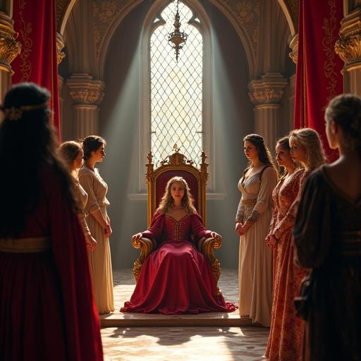 A majestic throne room with natural light. Queen sits on a grand throne. Noblewomen candidates stand before her. Each candidate has unique beauty and attire. The room is adorned with crimson silk and golden furnishings. The atmosphere is serious and respectful. The queen embodies authority and wisdom. The scene represents political intrigue and female empowerment.