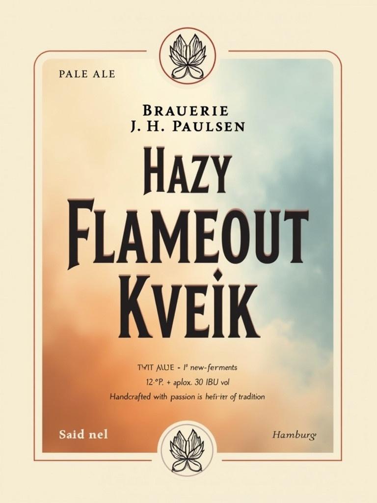 Beer label design formatted for DIN A5 size for Brauerei J.H. Paulsen. Features title Brauerei J.H. Paulsen at the top in classic-modern font. Beer name Hazy Flameout Kveik below in bold artistic typography with a glow effect. Technical details are listed in minimalist sans-serif font. Background features warm orange and misty blue gradients. Decorative elements include hop leaves and flames. Tagline at the bottom reads 'Handcrafted with passion in the heart of tradition'. Additional details at the bottom include 500 ml, Deposit bottle, Hamburg. Thin border for polish. Resolution at least 300 dpi.