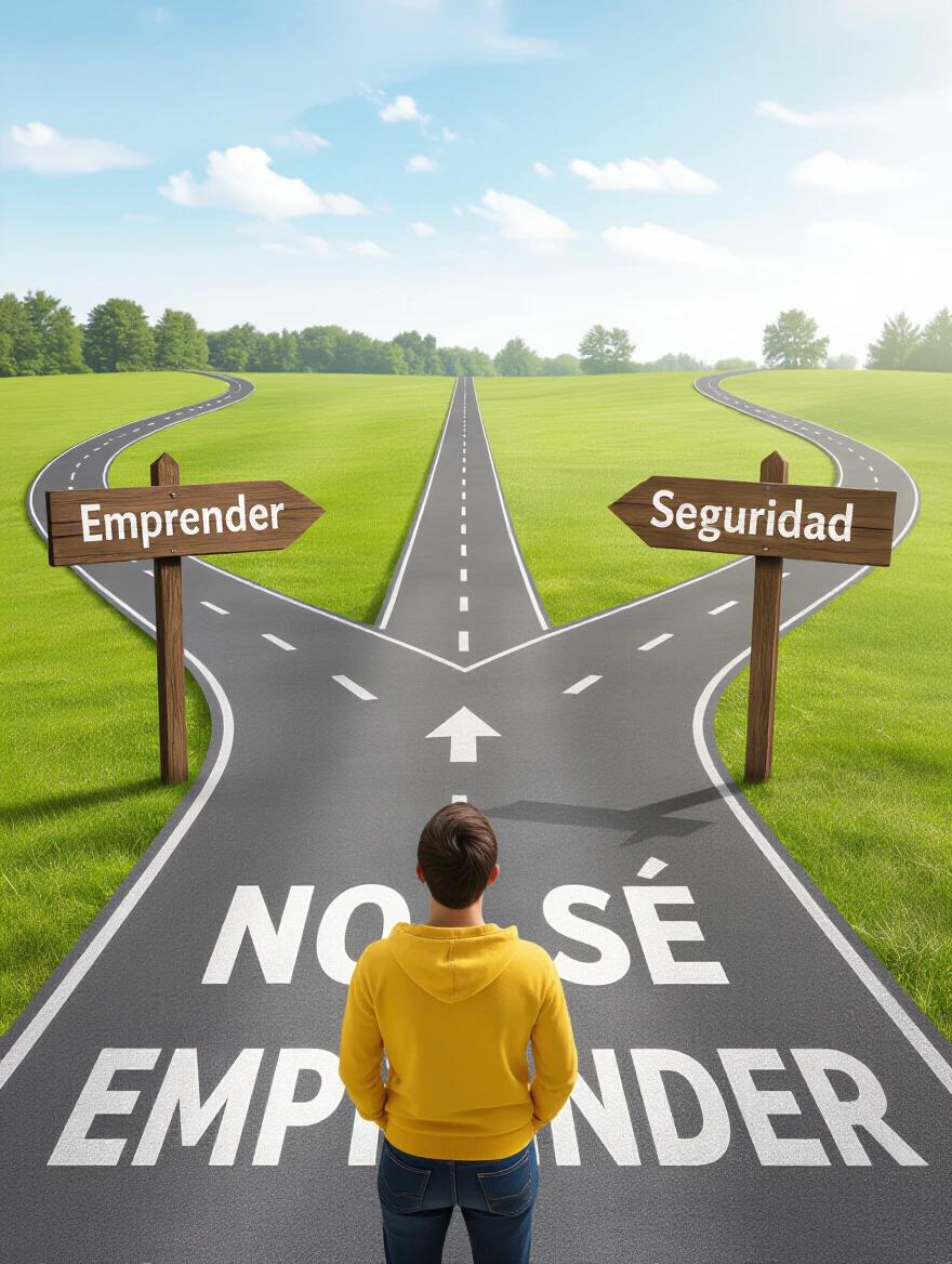 Person stands at crossroads. One path labeled 'emprender', another 'seguridad'. Person looks uncertain. Symbolizes fear of not knowing how to start a business.