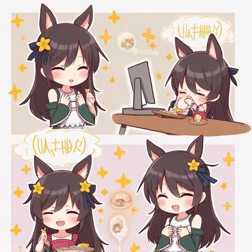 A girl with animal ears enjoys food at a desk. She looks cheerful while watching something on the computer. Another scene shows her smiling with food in hand. The artwork is in a cute anime style with bright colors.