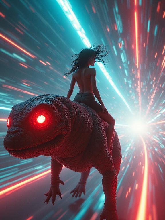A girl rides a massive space creature through a warp tunnel filled with rainbow-colored data streams. Her hair is flying as the creature’s eyes glow. The scene is ultra-detailed with fisheye lens style showcasing speed trails and a high-tech fantasy atmosphere.