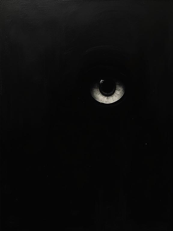 An extremely rough digital oil illustration on a completely black background. A giant silhouette eye emerges from the top right corner of the page.