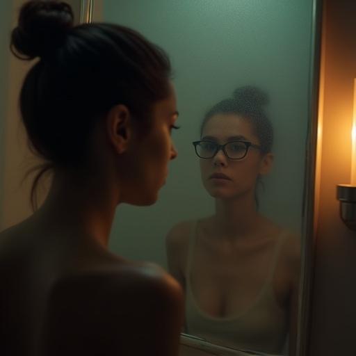 Photo capturing a fogged-up bathroom mirror with a blurred silhouette of a woman. Outline softened by condensation showing damp bun and bare shoulders. Hint of glasses glinting through the fog. Lighting is dim and warm from candle. Image evokes emotional realism and quiet presence.