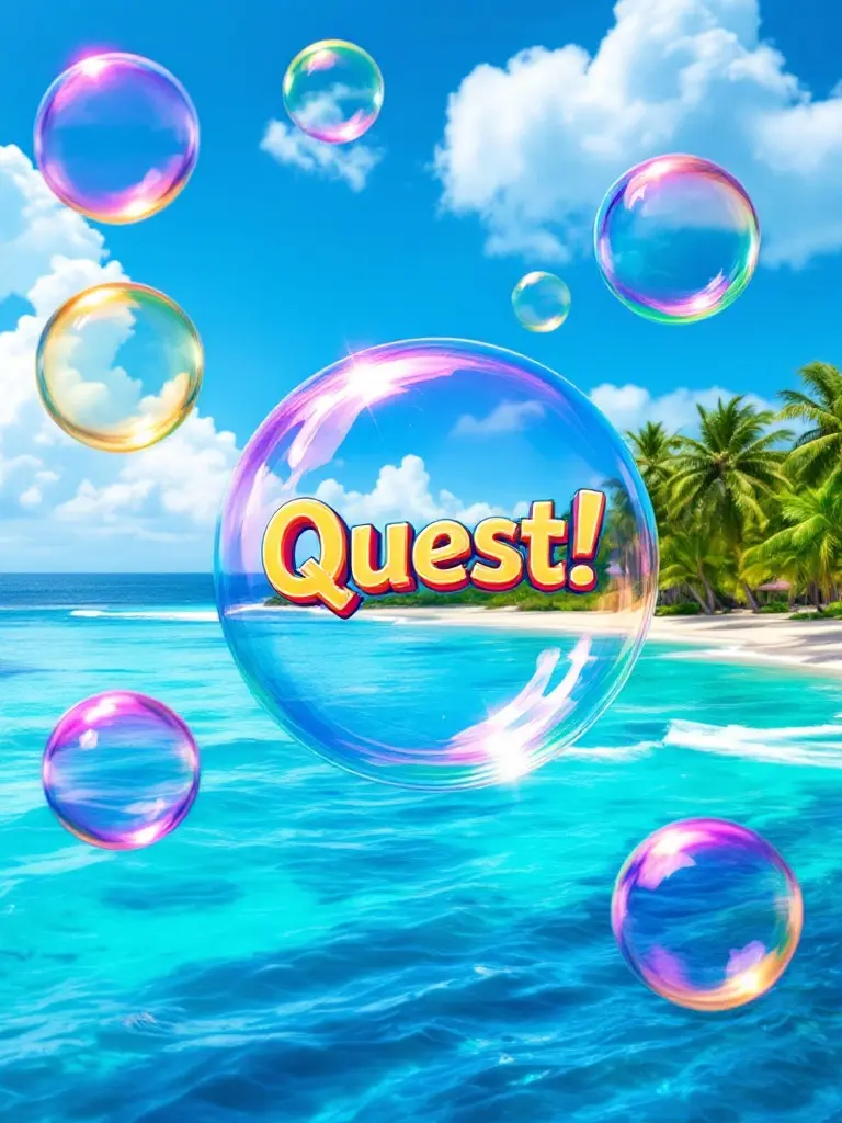 Image showcases colorful bubbles floating in the air. One bubble features word Quest in bold playful letters. Background presents breathtaking view of Caribbean Sea with crystal-clear turquoise waters. Gentle waves and distant shoreline lined with lush palm trees and sandy beaches are visible. Scene conveys sense of adventure and tranquility.