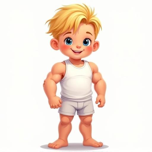 Full body cartoon of a 5 year old bodybuilding boy. Very muscular with blond hair. Wears a white sleeveless top and shorts. Stands confidently with bare feet.