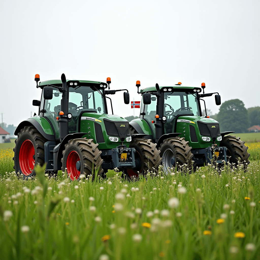 Two green tractors parked in a lush, grassy field with wildflowers all around.