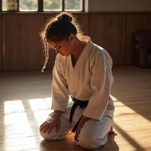 Close up of a female karate fighter kneeling on the floor. Her elbows touch the wooden surface and she looks down. She wears a traditional karate gi and has cornrows in her hair. Sunlight shines on the floor of the dojo.