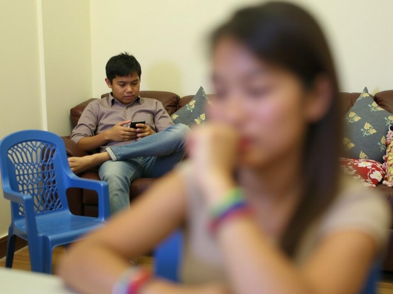 The image depicts a casual indoor setting with a woman sitting at a table, partially obscured with her face blurred. She is wearing a light-colored top and has her hand near her mouth, possibly in a thoughtful pose. The woman has some bracelets on her wrist, adding a touch of color to the scene. In the background, another person is seated on a couch, engaged with a phone. The room has simple decor, including a few cushions and a blue plastic chair with a playful design.