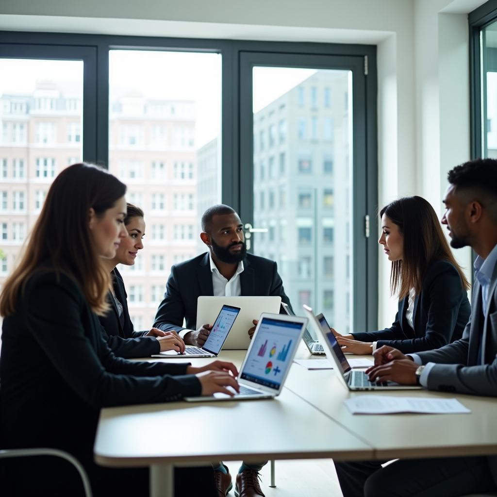 Team of professionals collaborating in a bright modern office. Everyone is working on laptops and tablets. Digital documents and charts are visible on screens. One professional is leading the discussion. Office features sleek design and large windows allowing natural light.