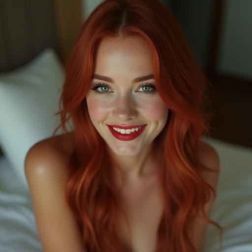 Cinematic scene featuring a beautiful woman with jade eyes and red lips. Long red hair frames her pale face. She wears a sensual smile while sitting on a bed in a stylish bedroom. The composition has a professional cinematic perspective.