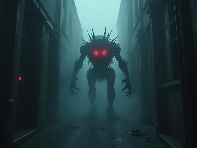 A biomechanical creature emerges from the fog in a dark alley. The creature has glowing red eyes. The scene conveys an intense atmosphere. It is depicted in a horror cinematic style.