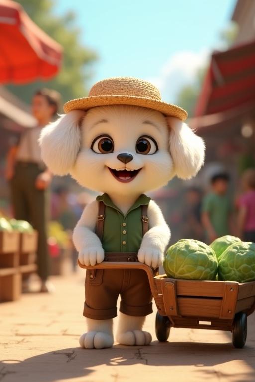 3D cinematic market scene in a small town. A fluffy white puppy stands on two legs, wearing straw hat and green shirt with brown pants. She pushes small wooden cart filled with cabbages, looking cheerful. Colorful market with sunlight casting shadows.