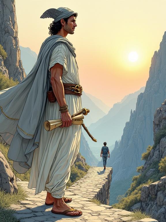 A majestic figure of Hermes, the divine messenger, stands on a windswept mountain path at dawn. He wears a flowing chiton with gold trim and a billowing cloak. Holding a bronze caduceus in one hand, his leather satchel carries scrolls. The landscape features jagged cliffs and olive groves, with a distant traveler silhouetted below. The image captures a mystical atmosphere with light and shadow interplay.