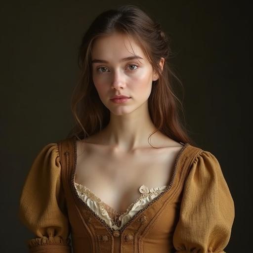 Portrait of a young European medieval townswoman. Smooth porcelain fair skin. Warm brown eyes. Stunning beauty with symmetrical features. Modest plain dress in earthy tones with low neckline and ample chest. Full skirt with subtle slits. Soft expression. Upper body focused. Clean background. Highly detailed with studio lighting.