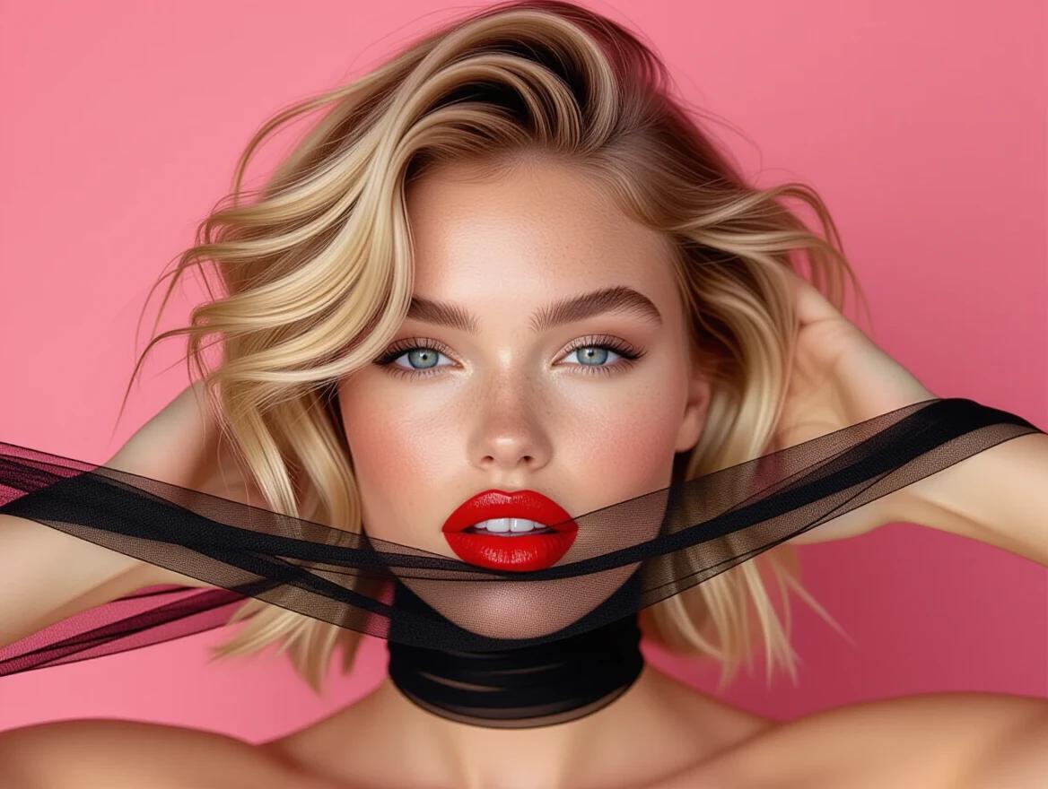 Photograph featuring a person with tousled blonde hair covering part of their face. Light skin, bright red lipstick. Eyes partially obscured by hair blowing left. Holding sheer black fabric around neck with both hands. Solid pink background contrasts with hair and fabric. Camera angle is low, at eye-level. Lighting soft and even, no harsh shadows. Likely taken with DSLR camera, shallow depth of field keeping subject sharp and background blurred. Composition follows rule of thirds with face in upper third. Sheer fabric creates leading lines to face. Medium close-up from shoulders up. High aesthetic quality, polished look. Simple pink background focuses on subject.