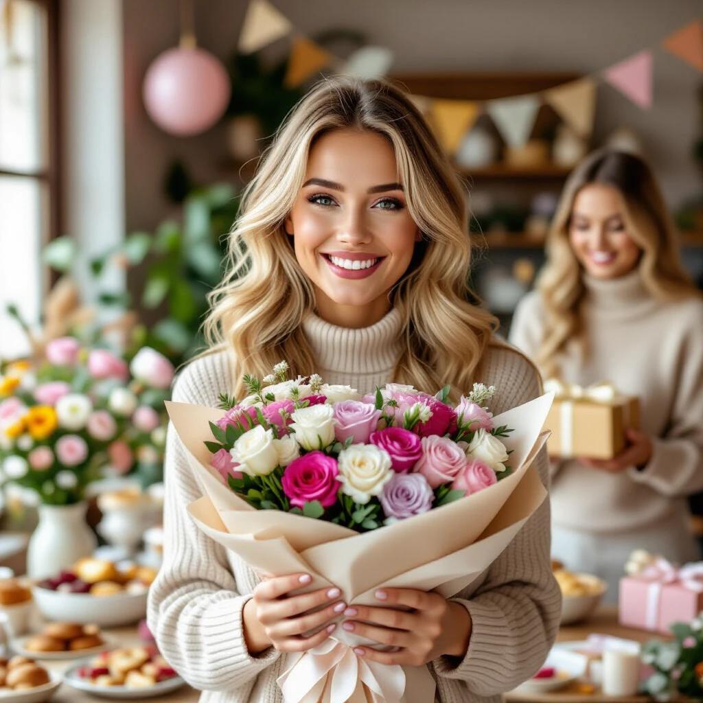 A young blonde woman receives a beautiful bouquet of flowers on her birthday. She smiles joyfully. In the background, friends celebrate with decorated tables and delicious foods.