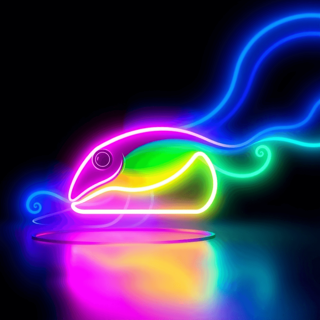 A vibrant, neon-colored fish gracefully swims through the darkness, its luminous trails casting vivid reflections.