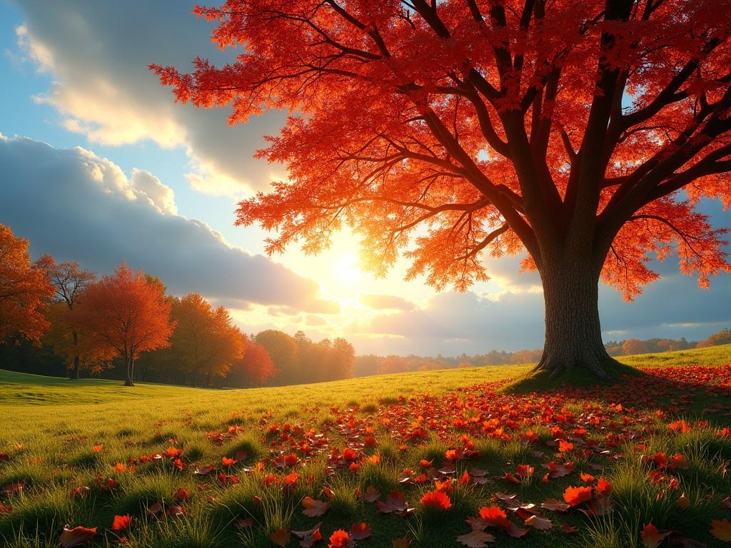 This image showcases a beautiful autumn scene. There is a large tree with vibrant red and orange leaves, indicating the fall season. The ground is covered with fallen leaves that add to the colorful landscape. In the background, a bright sun is shining through the clouds, creating a warm and inviting atmosphere. The sky has a mix of blue and gray, enhancing the dramatic effect of the setting. The grassy area is lush and green, contrasting beautifully with the colorful foliage. This landscape captures the essence of autumn, inviting feelings of coziness and tranquility.