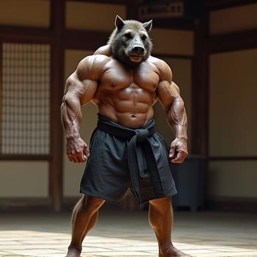 A muscular bodybuilder with a boar head. Wears a judo gi and black belt. Barechested with large pecs and toned abs. Thick muscular feet. Standing barefoot in a dojo.