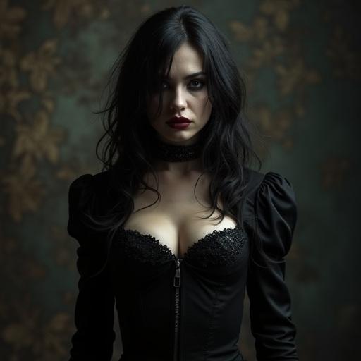 A female vampire character wears a dramatic black outfit that accentuates her figure. The setting is dark and atmospheric, resembling themes found in the Underworld film series. The background is a blend of muted colors, enhancing the mysterious aura of the character. Focus on the outfit's design and the figure's confident stance.