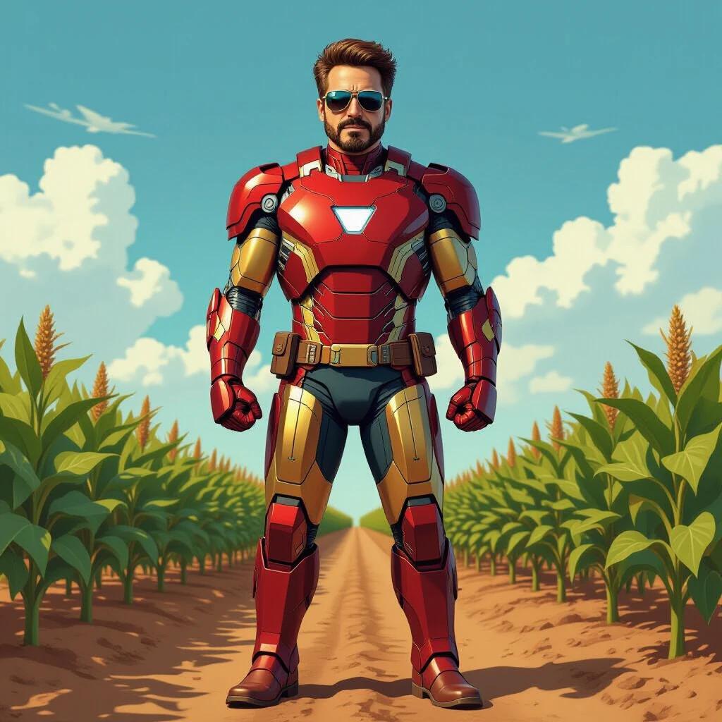 Digital illustration of a Brazilian farmer version of Iron Man. Character has red and gold armored suit with rural details. Features leather boots and cowboy belt. Gloves and plaid shirt texture on chest plate. Wears sunglasses and has Tony Stark’s hairstyle and beard. Stands in front of a soybean field with a sunny sky.