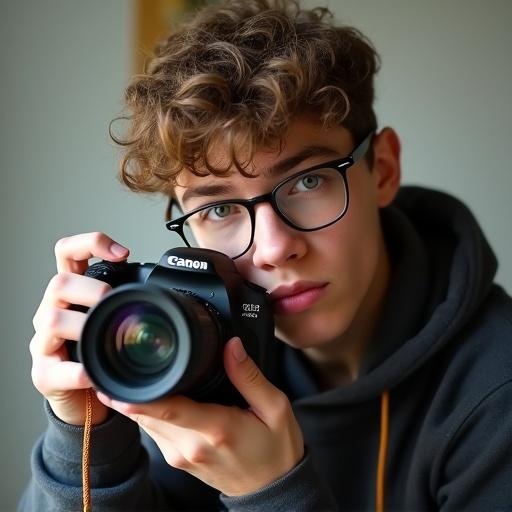 A teenage boy holds a Canon camera equipped with a long lens. He has light brown hair and wears specs. He is dressed in a cozy hoodie. The background is softly blurred.