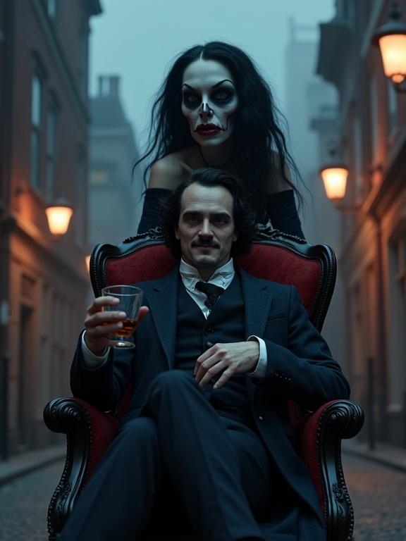 Edgar Allan Poe sits in a gothic chair holding whiskey on a narrow street. A large scary woman with black hair and pale skin stands behind him. She wears an 1840s dark blue dress. Fog hangs in the air. The colors are muted red, blue, and gray. The style is retro-futuristic. It feels otherworldly and grotesque.