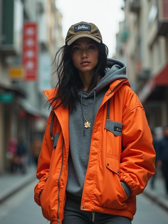 Hyperrealistic image of a female model performing rap on the street. She has skin texture and realism. Dressed in oversized hypebeast style with vibrant colors. Flash closeup gives a distinct perspective.