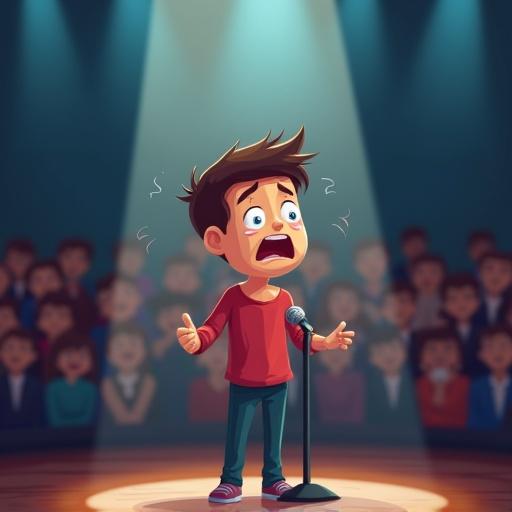 A cartoon-style depiction of a nervous person standing on stage behind a microphone. The character shows signs of anxiety and is sweating. The audience appears blurred in the background. A bright spotlight shines down on the speaker.