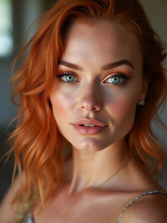 Portrait of a woman with ginger hair. Metallic copper eyeshadow enhances her deep blue eyes. Soft light creates a natural glow. The image captures beauty and confidence.