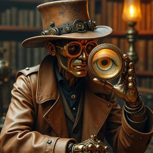 Detailed steampunk humanoid figure made of polished copper featuring visible brass joints and mechanical engravings. Wearing Victorian detective trench coat and a decorated copper-plated top hat. Glowing monocle-style eyeglasses examine something through a large antique magnifying glass. Curious and analytical expression. Background is a mysterious study with old books, blueprints, spinning gears, and golden lighting.