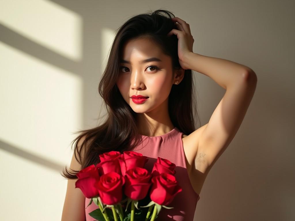 Create an image of a young woman posing with elegance, holding a bouquet of red roses. She has long dark hair and wears a sleeveless, deep pink dress. The background is softly lit with natural light casting a warm glow, highlighting her facial features. She has a serene expression, and one hand is gracefully placed on her head. The setting is simple and neutral to keep the focus on the woman and her pose.