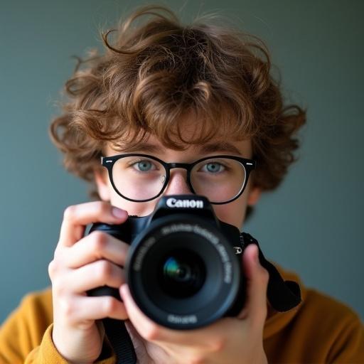 A teenage boy with light brown hair wears spectacles while holding a Canon camera with a long lens. The focus is on the camera, capturing the essence of youth and photography.