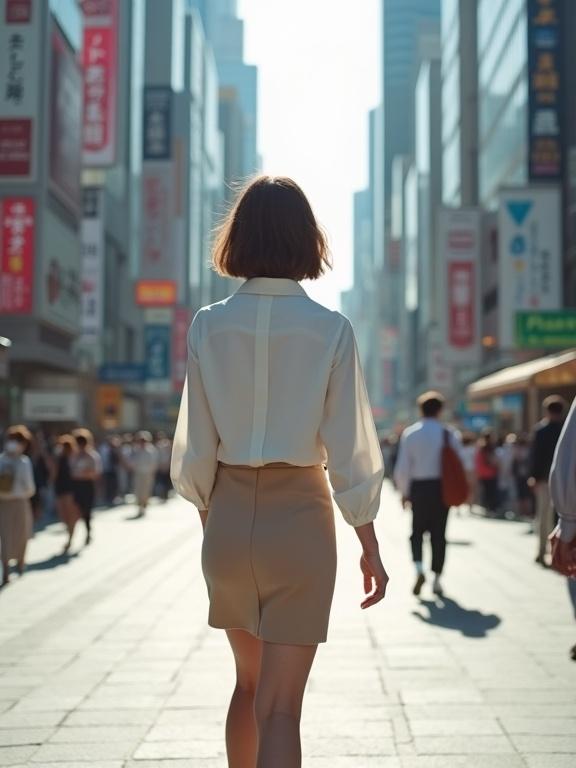 A woman walks through Shibuya. She has short brown hair and wears a white blouse. She has a tight skirt and high heels. The scene is filled with bright natural light.