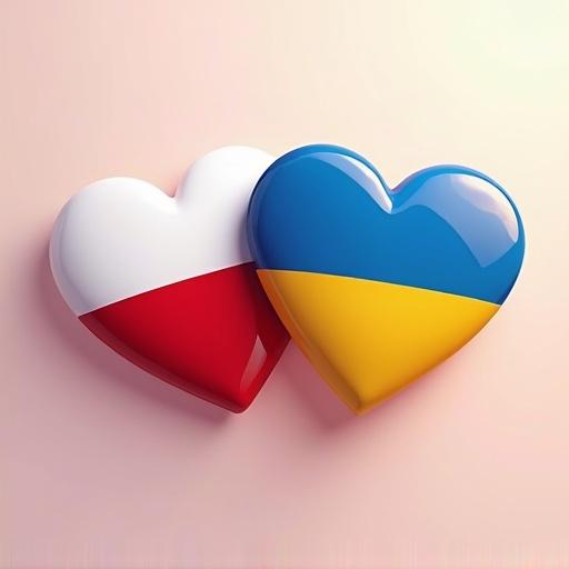 Digital illustration poster symbolizing the friendship between Poland and Ukraine with two glossy hearts colored in their state flags. The hearts are designed to show dynamic movement and are placed against a soft background.