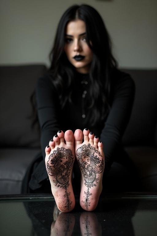 Goth woman wearing black attire. She sits on a couch with bare feet visible. Henna designs adorn the soles of her feet placed on a glass table. Long dark hair frames her look.