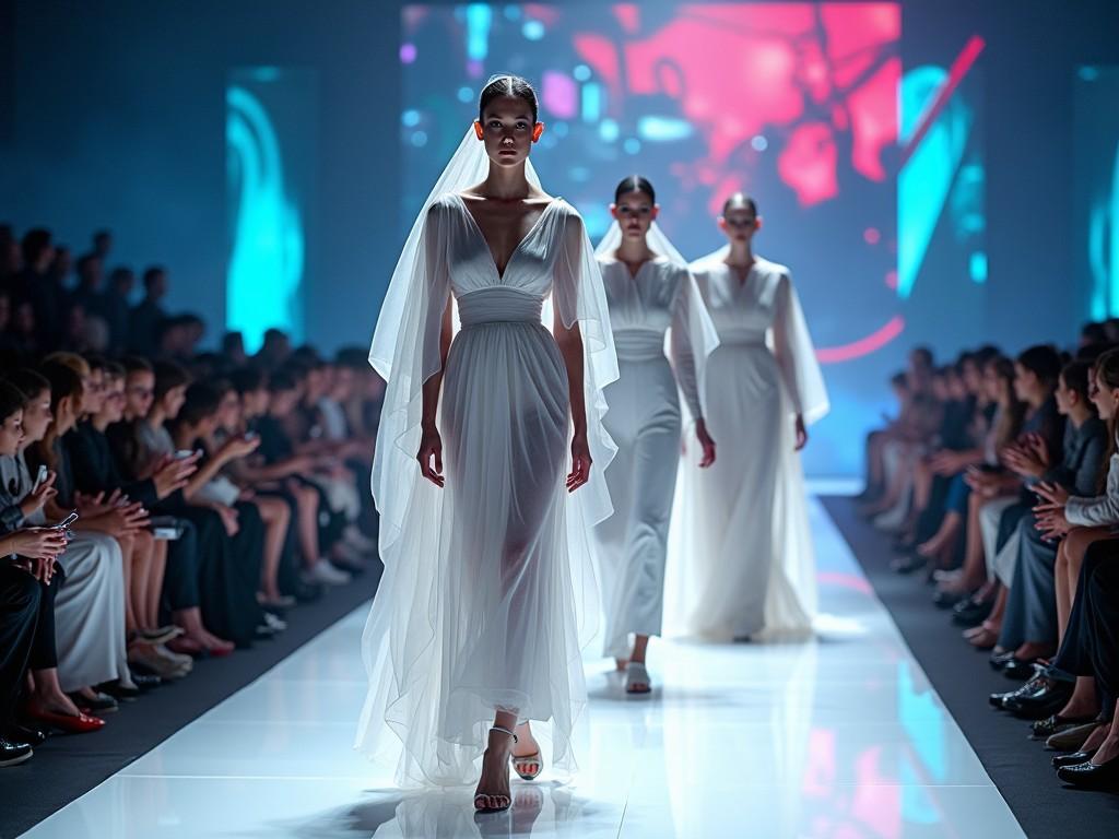 This image captures a dynamic fashion show scene where models are walking down the runway. The main focus is on three models in stunning white dresses. The background features a vibrant abstract screen that adds color and depth to the presentation. The audience, dressed in elegant attire, is engaged and attentive, creating an atmosphere of excitement and sophistication. Dramatic lighting highlights the textures and flow of the garments, enhancing the overall aesthetic. The composition emphasizes the elegance and artistry of modern fashion design.