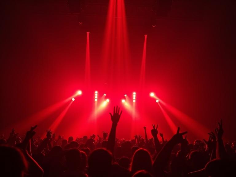 Vibrant Pentecostal Church environment captured with red light. Crowd with raised hands in worship. Bright beams of light cutting through the atmosphere. A lively setting in Medellin, Colombia.