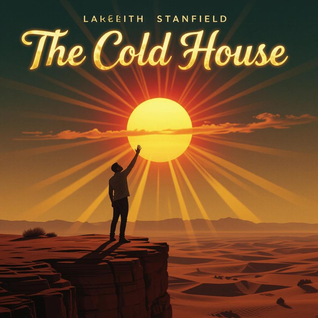 Movie poster for The Cold House featuring Lakeith Stanfield on a desert cliff. Title in glowing golden cursive. Red sun setting on the horizon. Low angle light creates shadows. 8K quality with grain texture.