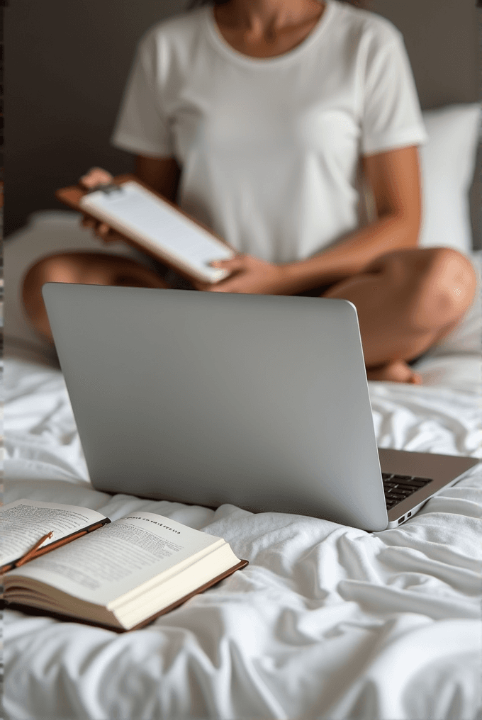 A person sits cross-legged on a bed using a laptop, with an open notebook and pen in the foreground.