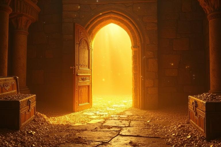 Open heavy stone door reveals treasure chamber. Gold and jewel tones reflected. Dusty air shimmers with magic. Massive chests overflow with coins and gems. Floor sparkles with crushed gems. Warm and rich light enhances atmosphere with cinematic grading.