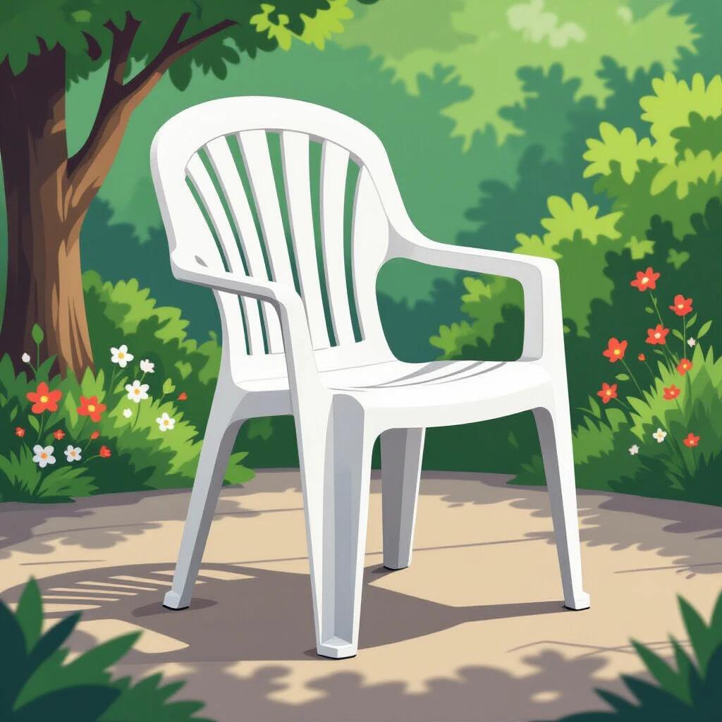 Cartoon vector style illustration of a white plastic chair. Chair shown in a 3/4 view at a flat angle. No background elements included.