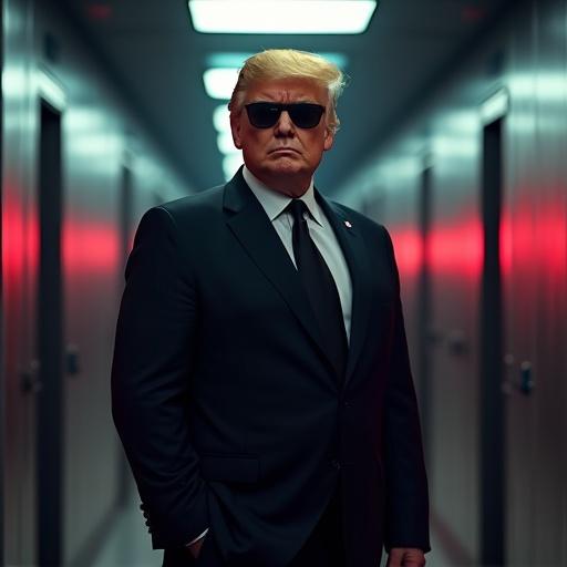 Trump depicted as a strong figure in a sleek black suit with sunglasses in a corridor. The lighting is dramatic with bold colors. The mood conveys power and control, blending political imagery with a sci-fi theme. The style is cartoonish with clear outlines.
