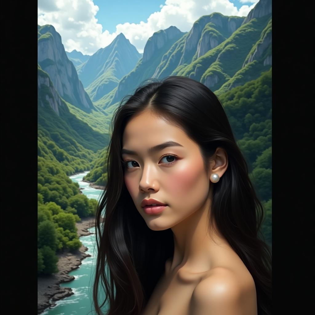 Image of a mountain range with towering peaks and green valleys. A river flows through the landscape. Natural light enhances vibrant colors. Evokes adventure and tranquility. Portrays a contemplative woman with flowing hair and a pearl earring against a dark background.