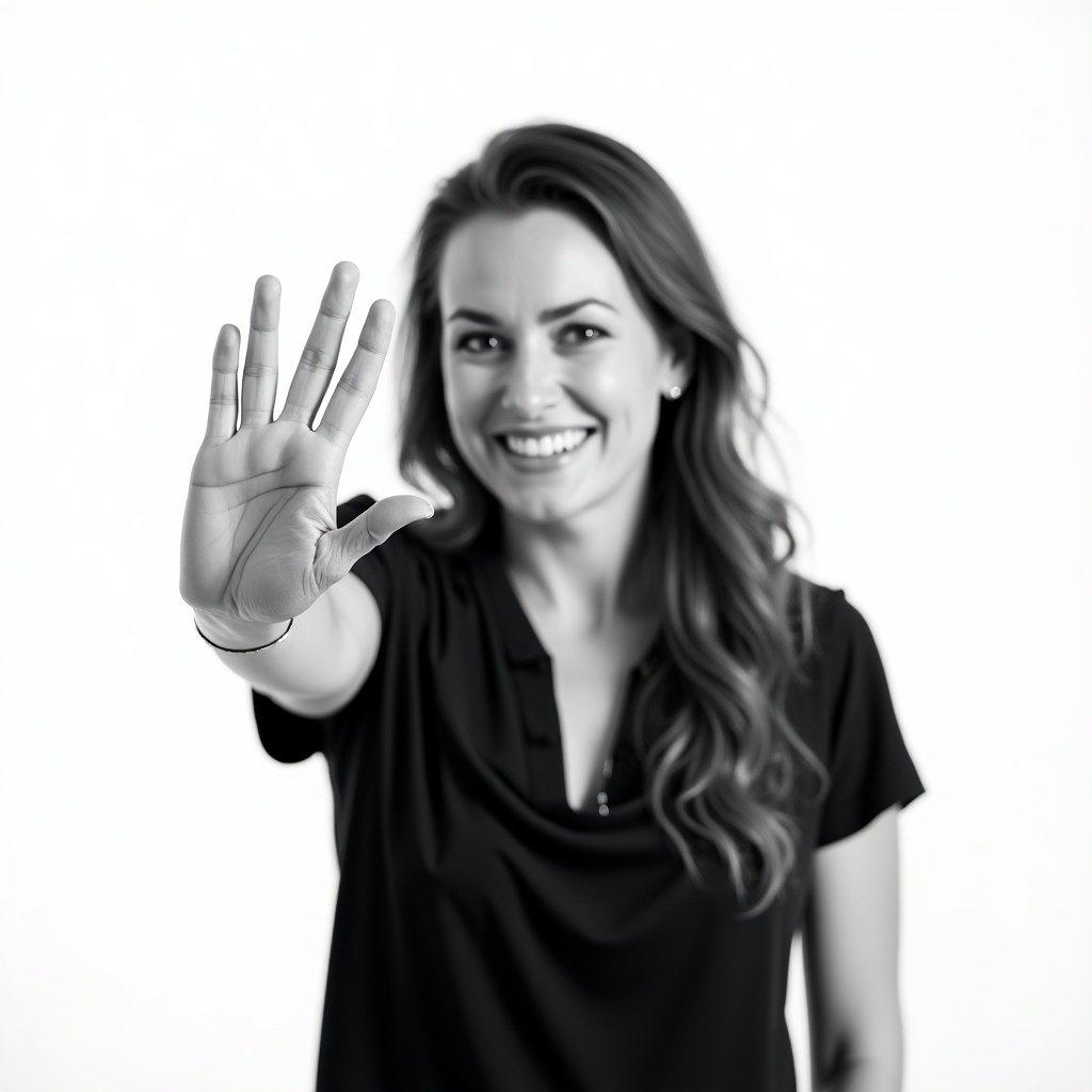 A woman smiles and shows her hand in an 'ok' gesture. Image is high contrast black and white with white background. Everything is in focus.